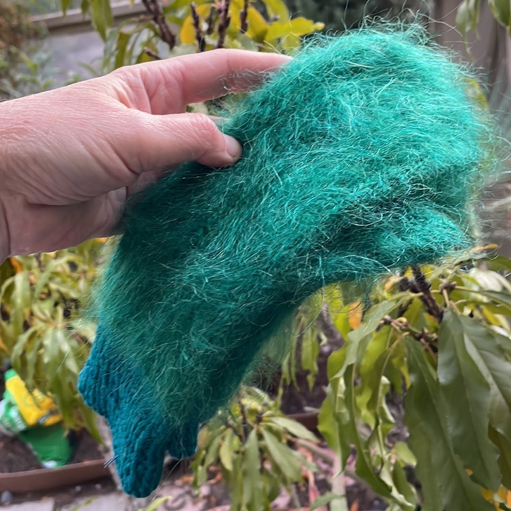 Green hand knitted wool/mohair mittens